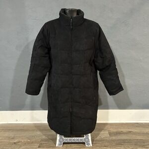 Vintage LL Bean Women XL Suede Quilt Goose Down Parka Coat Black Sherpa Collar